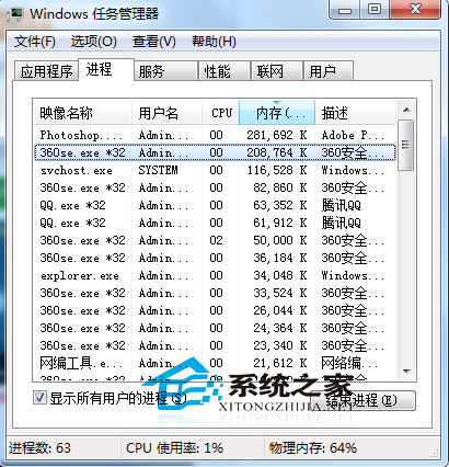 Win7查看软件占内存大小的技巧