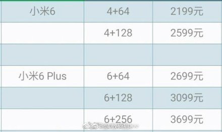 小米6/6 Plus手机价格曝光：2199元起
