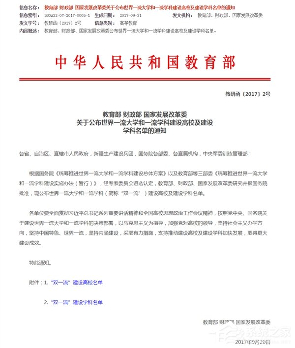 教育部公布“双一流”大学名单：一流大学建设高校42所、一流学科建设高校95所