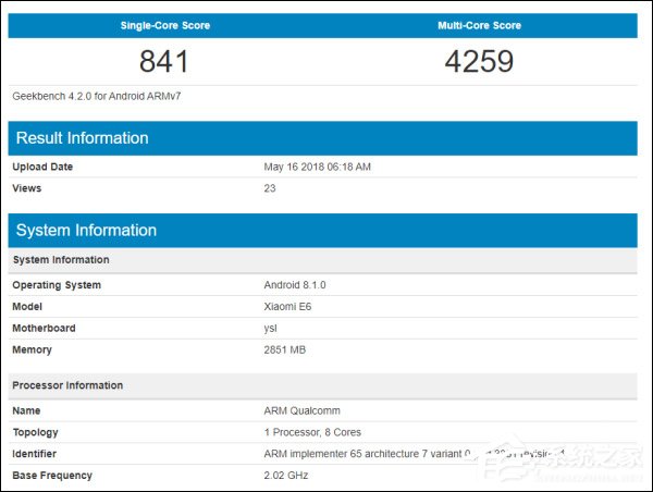 海外版红米S2？小米E6手机现身GeekBench跑分数据库