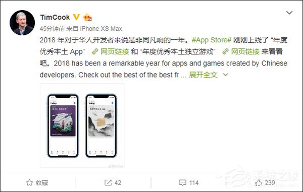 库克：2018对华人开发者是非同凡响的一年