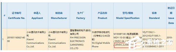 45W快充！小米5G手机成功通过3C认证