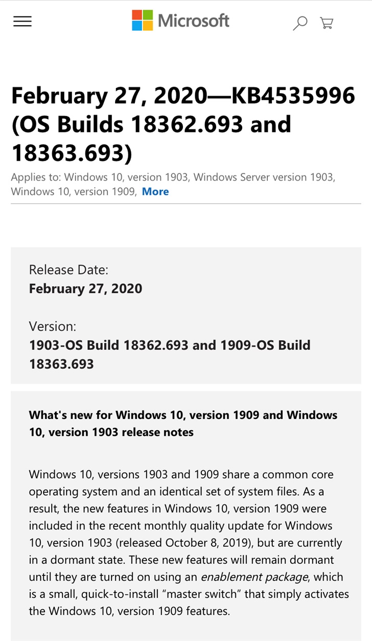 微软推送Win10 1909 KB4535996累积更新