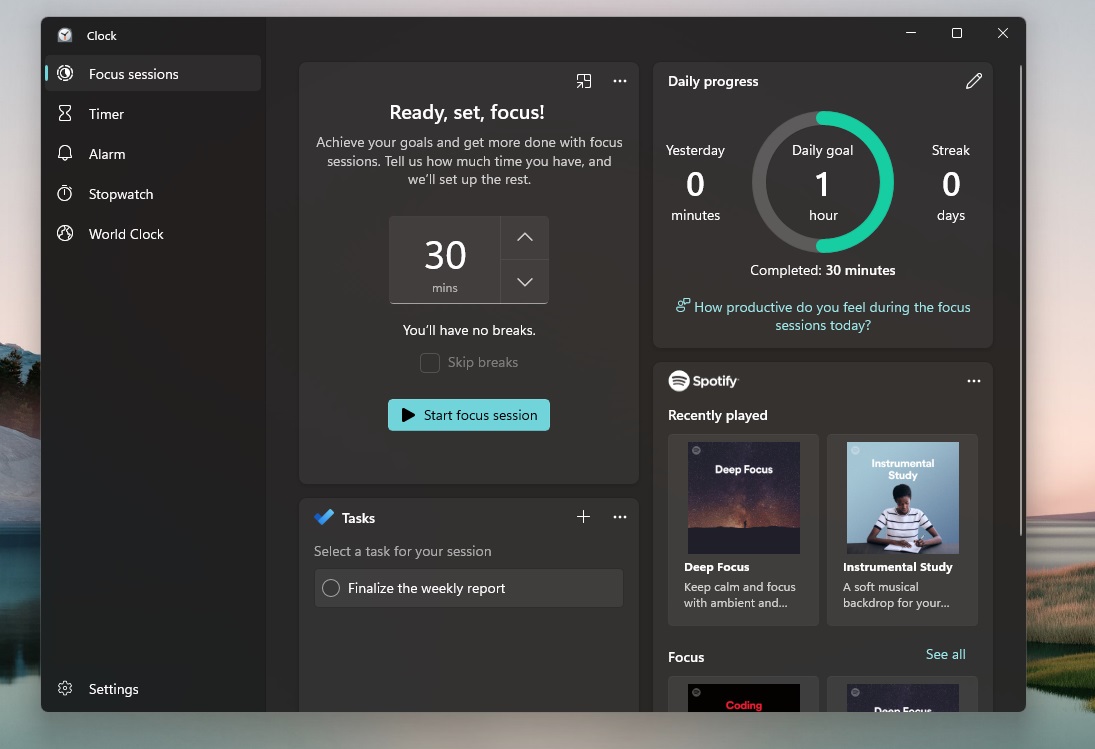 微软Win11新时钟应用Focus Sessions使