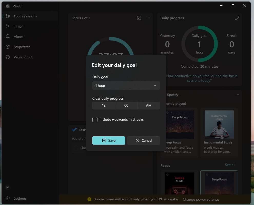 微软Win11新时钟应用Focus Sessions使