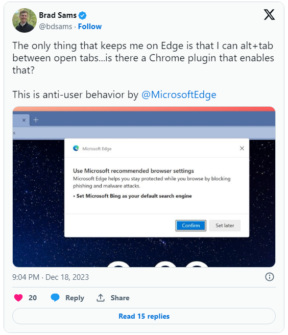 微软惹恼 Edge 浏览器用户：弹窗推荐其