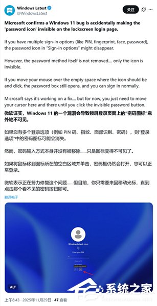 微软承认 Win11 新 BUG:锁屏密码图标