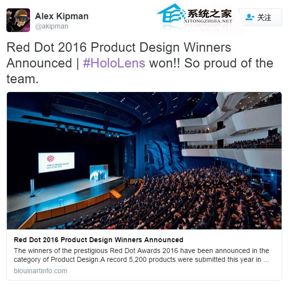 微软HoloLens荣获2016 Red Dot产品设计奖！