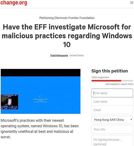 微软Win10强制升级惹怒网友：请愿EFF调查
