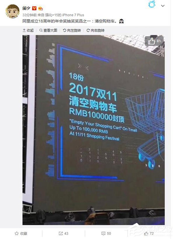 阿里巴巴18周年年会奖品之一曝光:任性清空双11购物车!