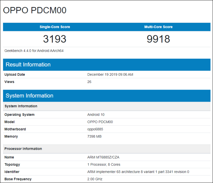 OPPO Reno3在Geekbench现身