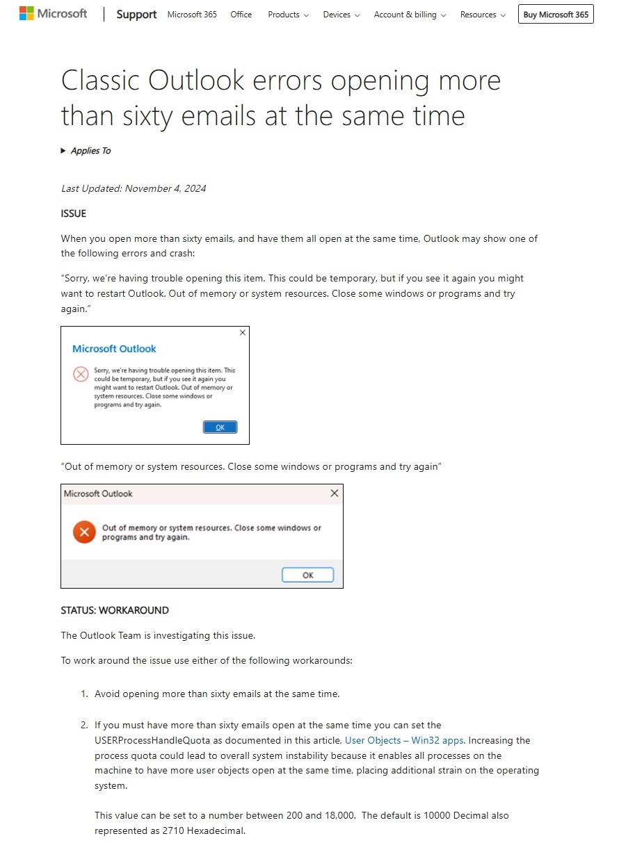 经典版 Outlook 用户同时打开超 60 封