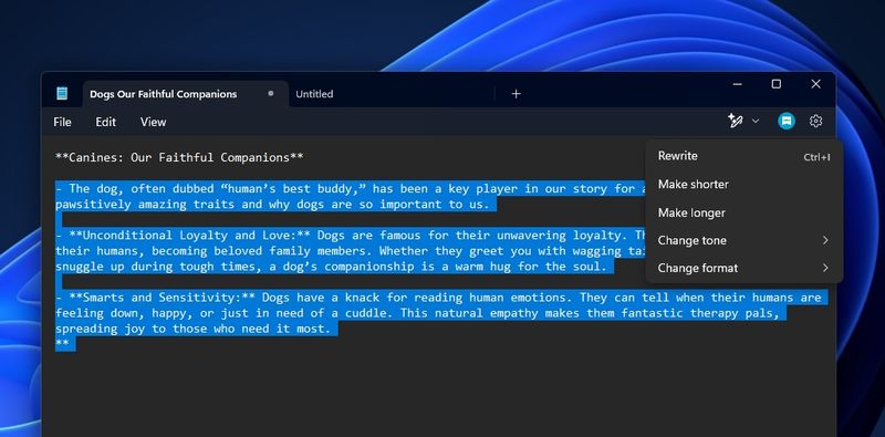 Win11 版记事本正式上线“AI 重写”功