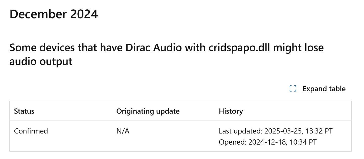 Dirac 音频驱动的兼容性问题,微软继续