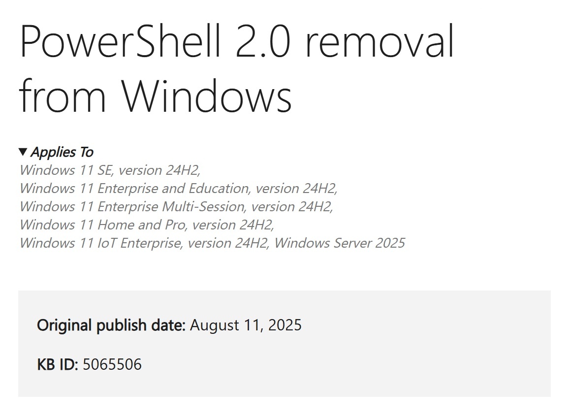 Win11 24H2 本月彻底移除 PowerShell 2