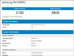 单核2190分！疑三星Galaxy Note9 Geekbench跑分成绩遭曝光