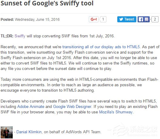 谷歌：Swiffy将于7月下线