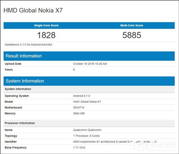 诺基亚X7疑在GeekBench跑分网站“亮相”