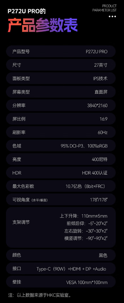 HKC 27 英寸 4K IPS 显示器 P272U Pro 