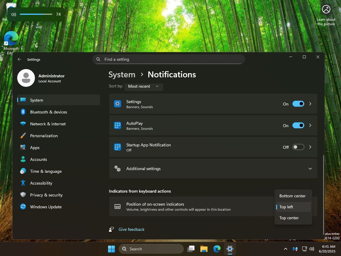 Win11 24H2 计划新增“屏幕指示器位置