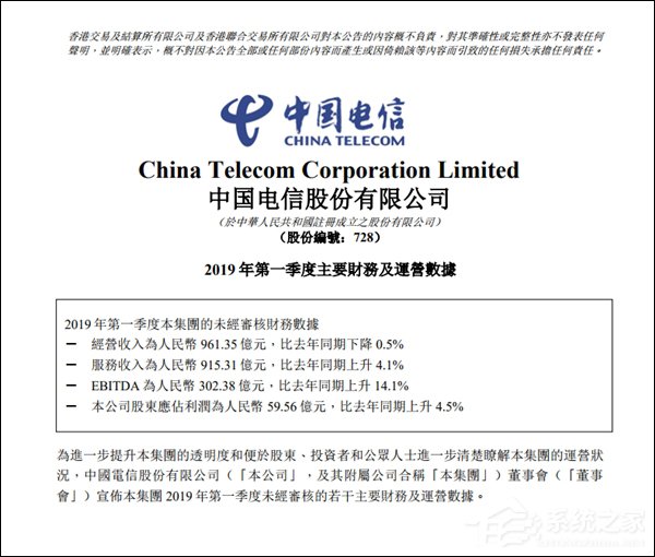 中国电信披露2019年Q1财报
