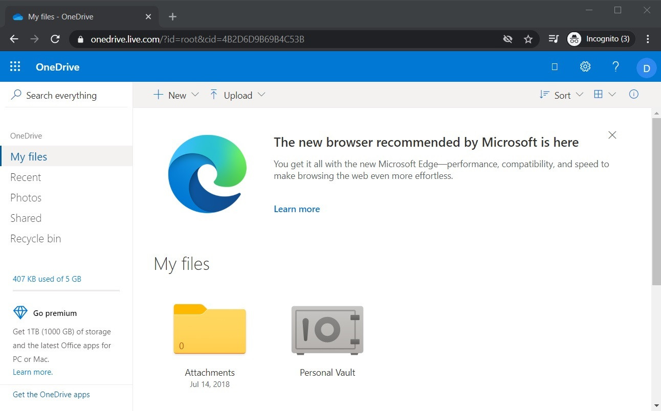 微软在OneDrive帐户中弹出Edge广告横幅