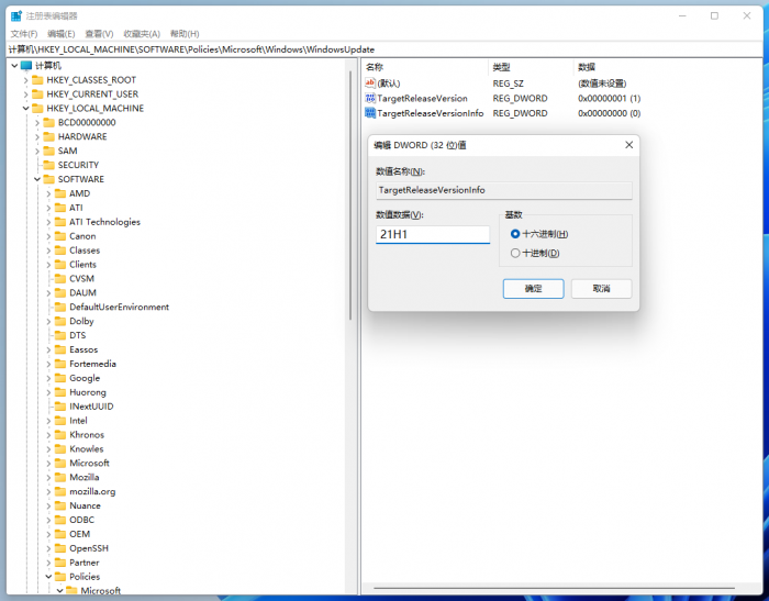 修改注册表可保持在21H1