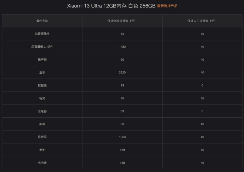 小米 13 Ultra 手机保外维修价格官方详