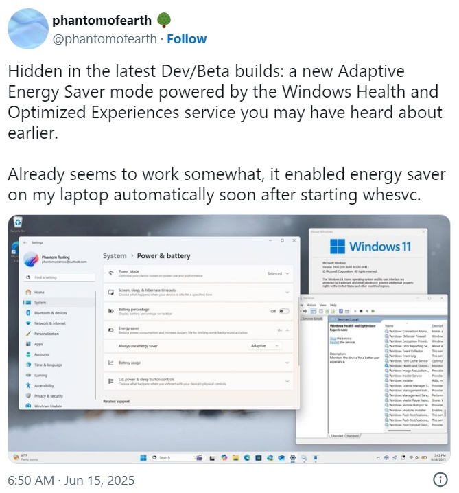 微软 Win11 系统将推自适应节能模式