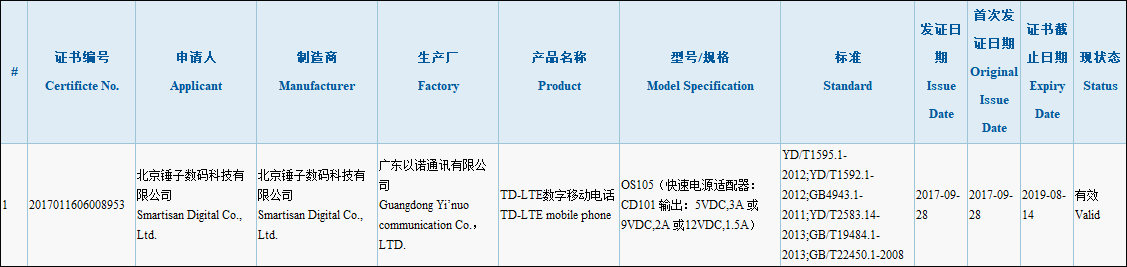或于11月发布！锤子新机在国家3C质量认证中心亮相