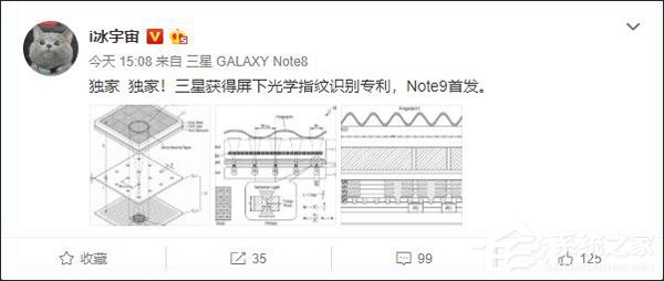 Galaxy Note9首发？网友曝光三星屏下光学指纹识别专利