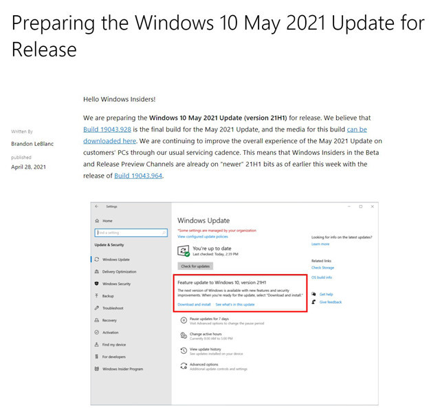 Win10 21H1将于2021年5月更新
