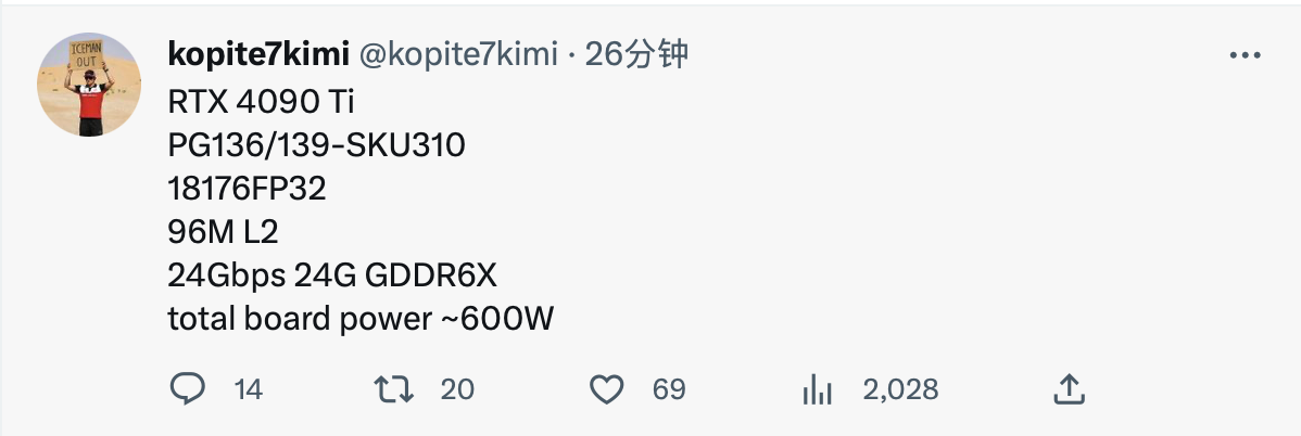 英伟达 RTX 4090 Ti 显卡最新爆料：18176 CUDA + 24GB 显存，600W 功耗