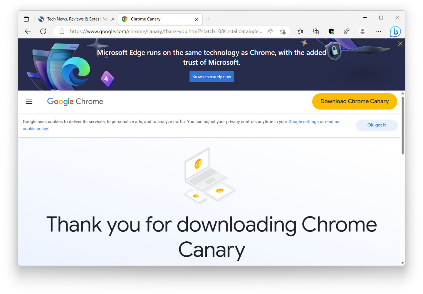 微软在谷歌 Chrome 浏览器官网注入全尺