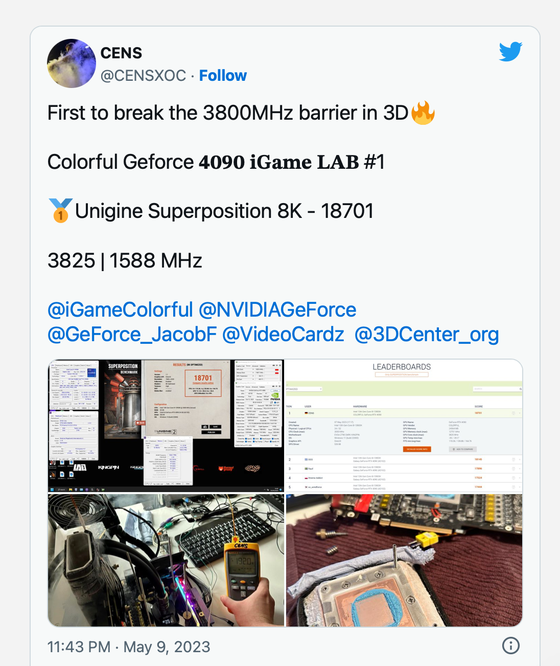 七彩虹 RTX 4090 显卡在 3D 测试中打破 3.825GHz 超频纪录