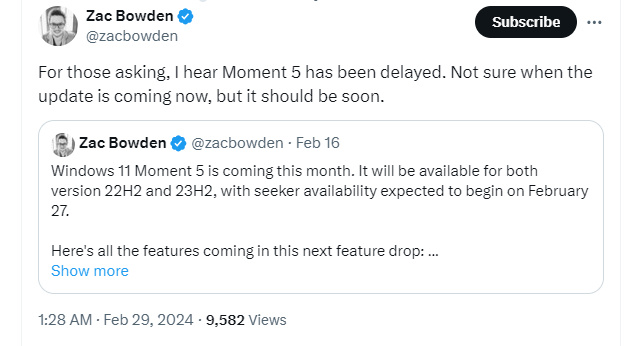 微软 Win11 Moment 5 更新已延期推送
