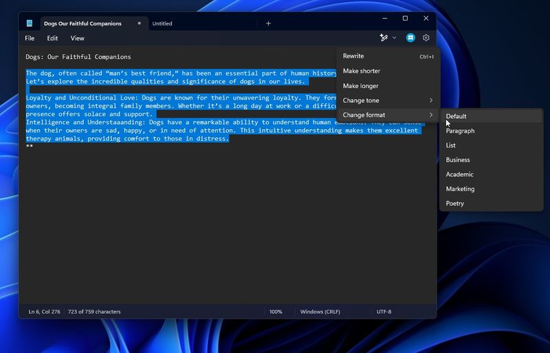 Win11 版记事本正式上线“AI 重写”功
