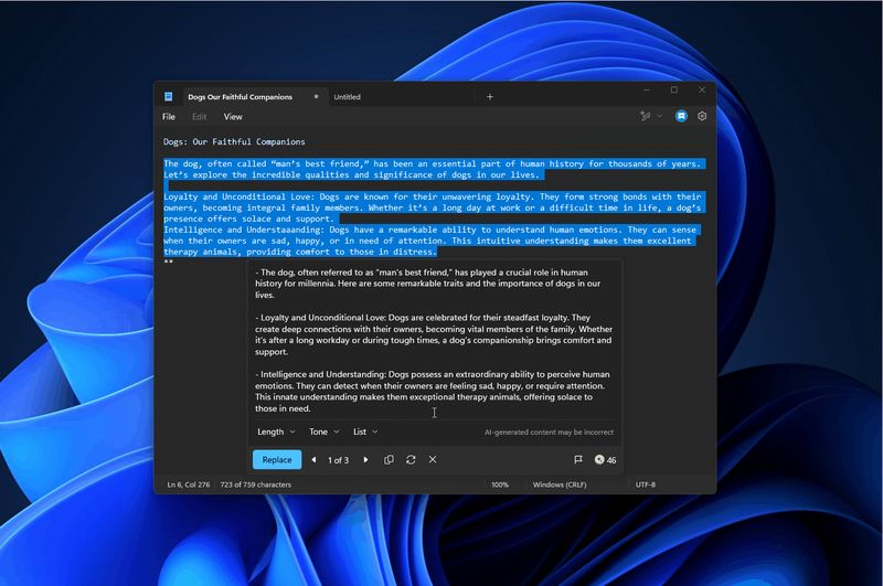 Win11 版记事本正式上线“AI 重写”功
