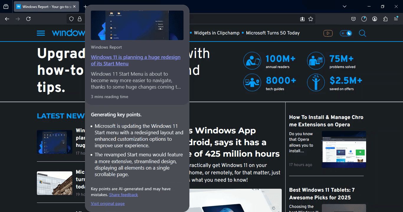 火狐 Firefox 浏览器测试 AI 链接悬停预览，解析网页关键点