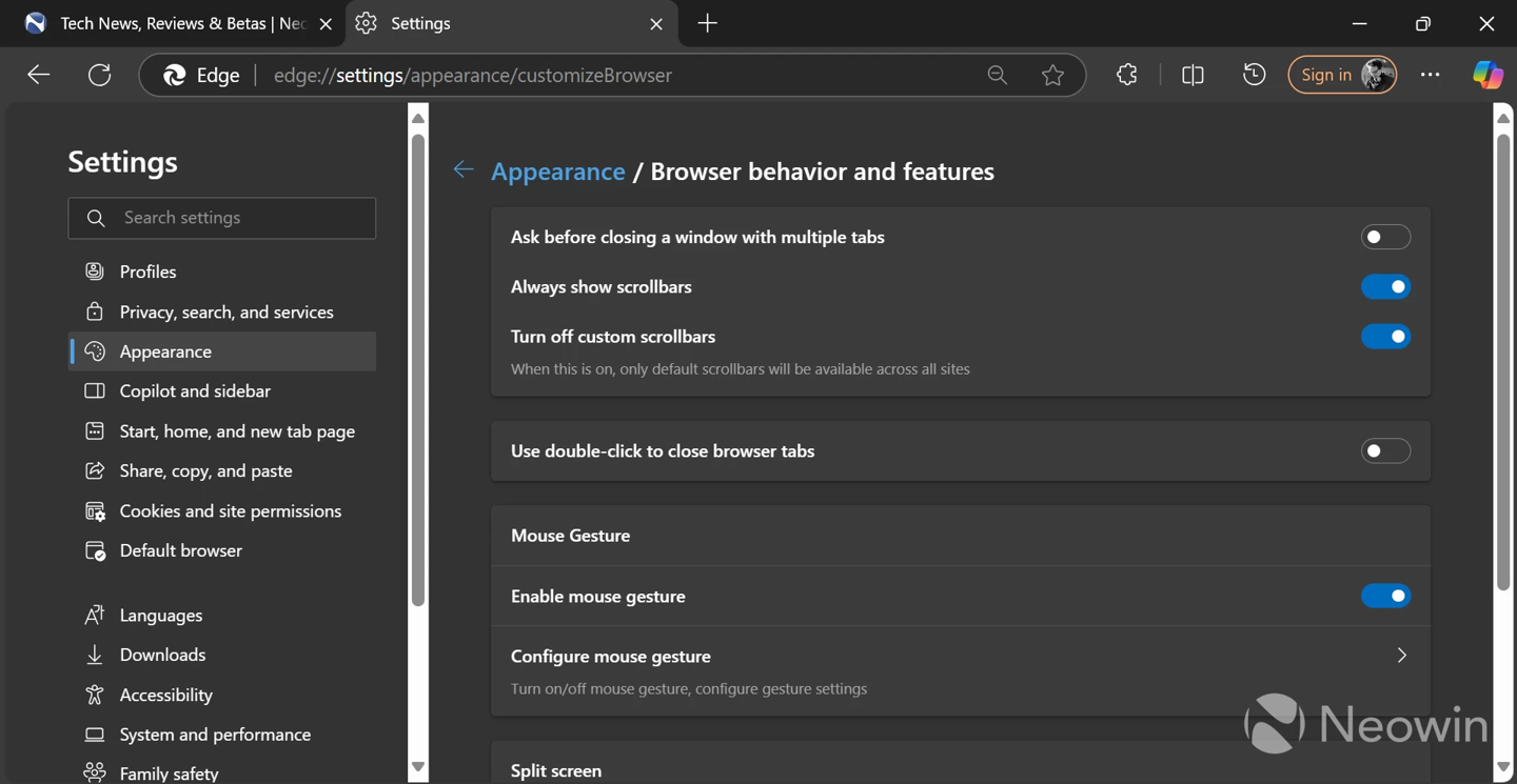 Edge 浏览器关闭自定义滚动条,统一浏