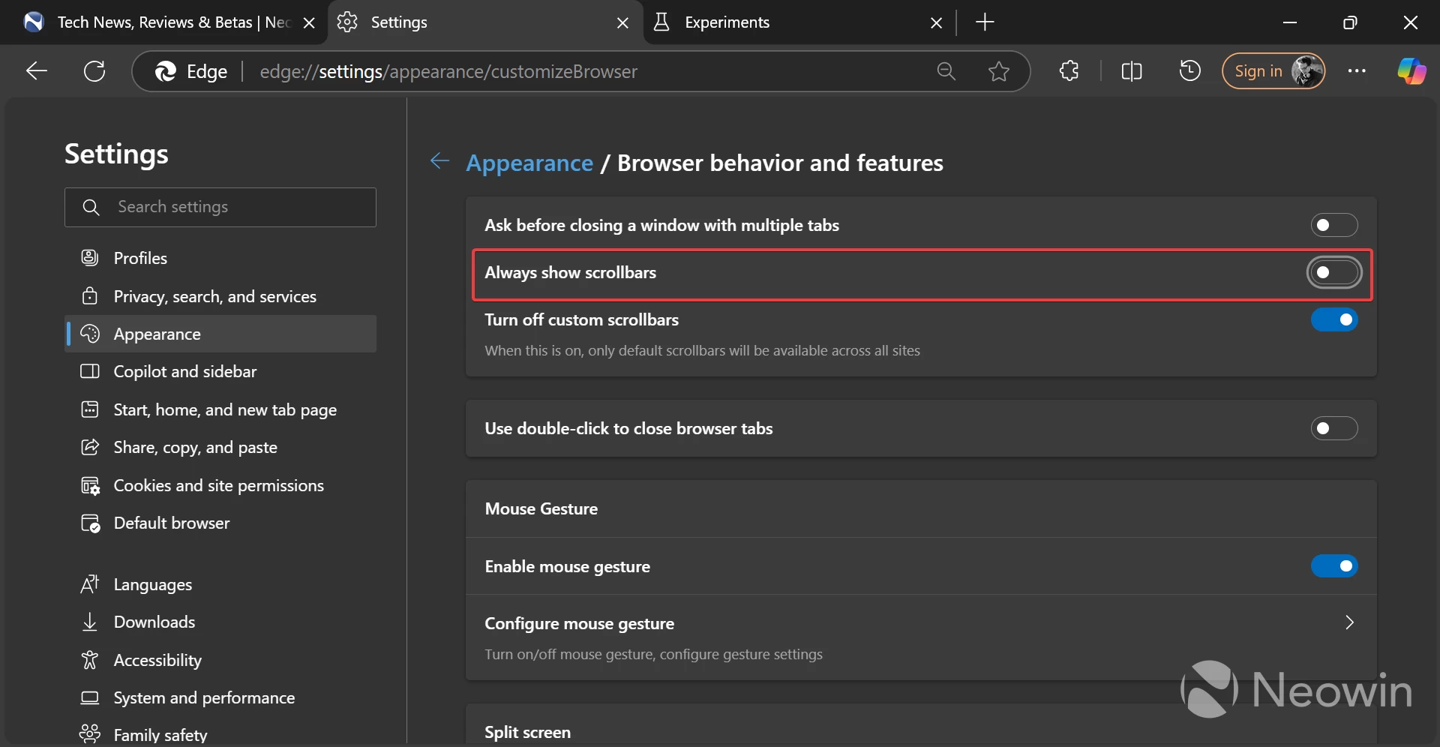 Edge 浏览器关闭自定义滚动条,统一浏