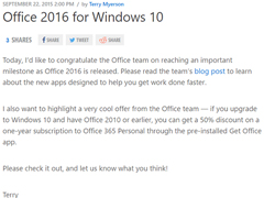 拥有正版Office2010的Win10用户可半价购买Office365