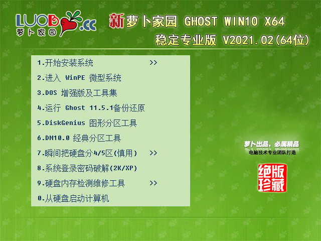 萝卜家园 GHOST WIN10 20H2 64位稳定专业版 V2021.02