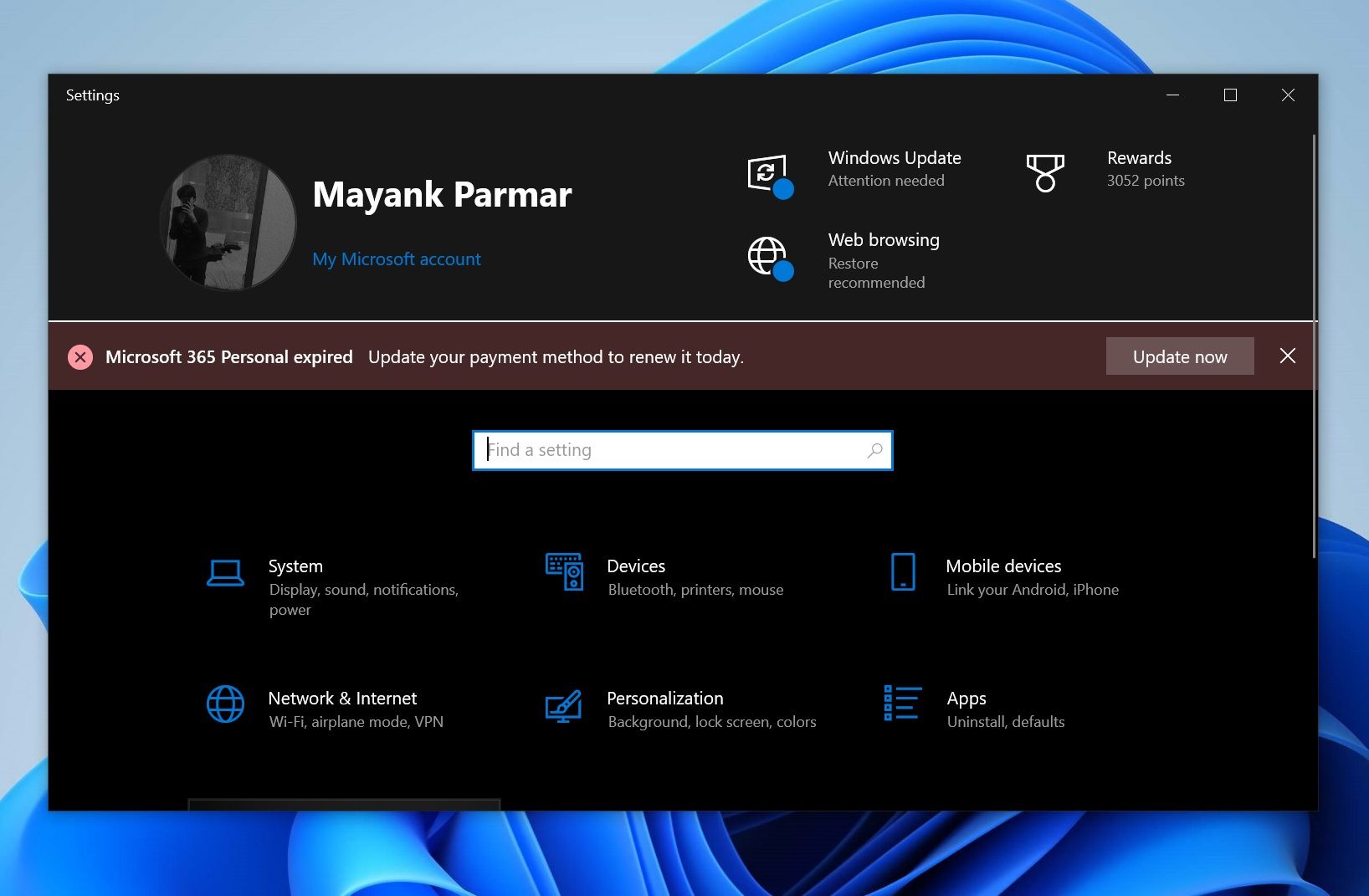 微软 Win10 设置横幅提醒 Microsoft 365 订阅到期，设计存在瑕疵