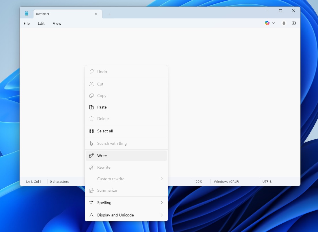微软测试 Win11 系统 Write 功能，记事本变身 AI 写手