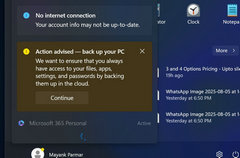 部分 Win11 开始菜单现黄色警告横幅，微软力推订阅 OneDrive 服务